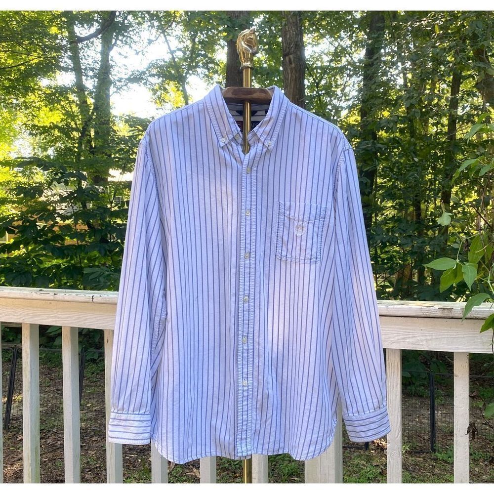 Chaps White Blue Stripe Crest Button Up Oxford Shirt